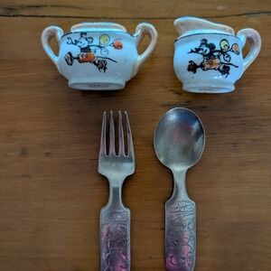 Vintage Disney Child's Spoon and Fork Set from the 1930's also Sugar and Creamer